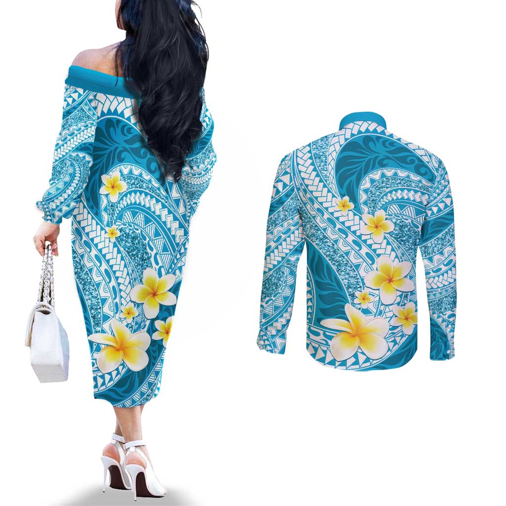 Plumeria Polynesian Sky Blue Glitter Pattern Couples Matching Off The Shoulder Long Sleeve Dress and Long Sleeve Button Shirt LT01 - Polynesian Pride