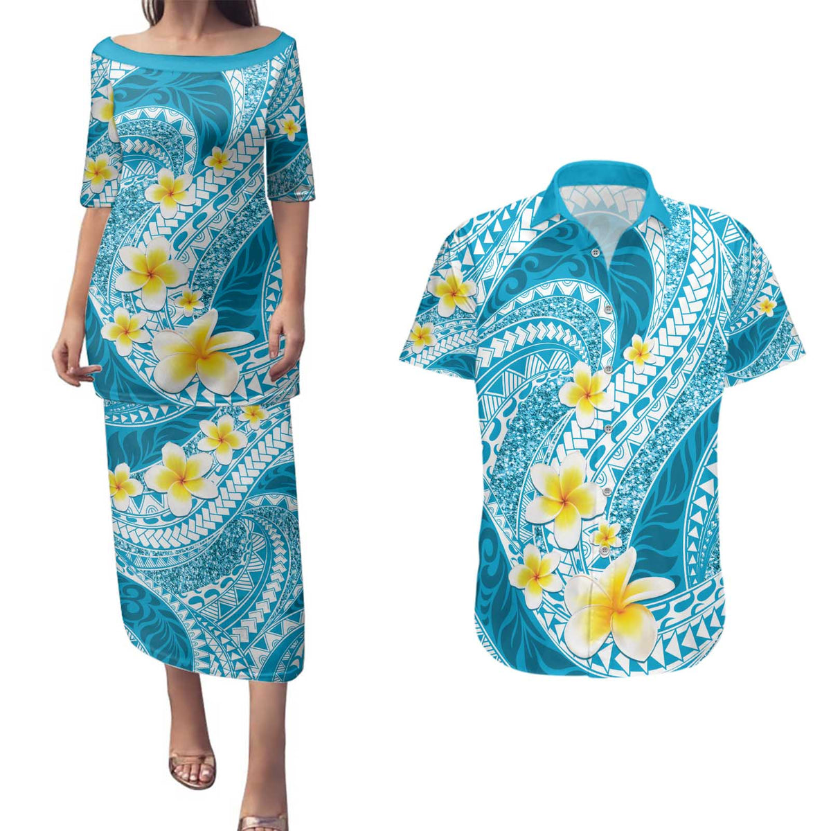 Plumeria Polynesian Sky Blue Glitter Pattern Couples Matching Puletasi and Hawaiian Shirt LT01 Sky Blue - Polynesian Pride