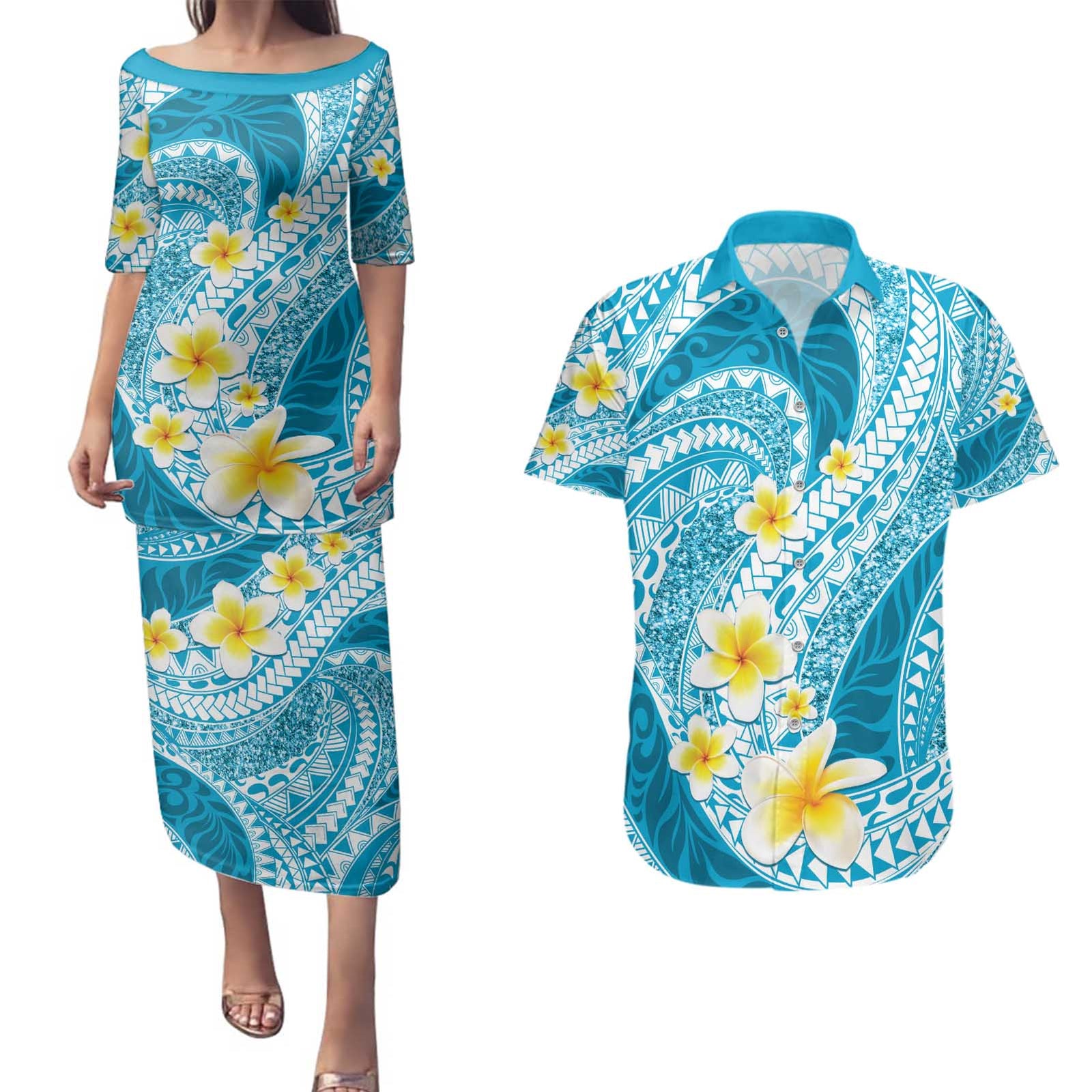 Plumeria Polynesian Sky Blue Glitter Pattern Couples Matching Puletasi and Hawaiian Shirt LT01 Sky Blue - Polynesian Pride