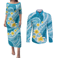 Plumeria Polynesian Sky Blue Glitter Pattern Couples Matching Puletasi and Long Sleeve Button Shirt LT01 Sky Blue - Polynesian Pride