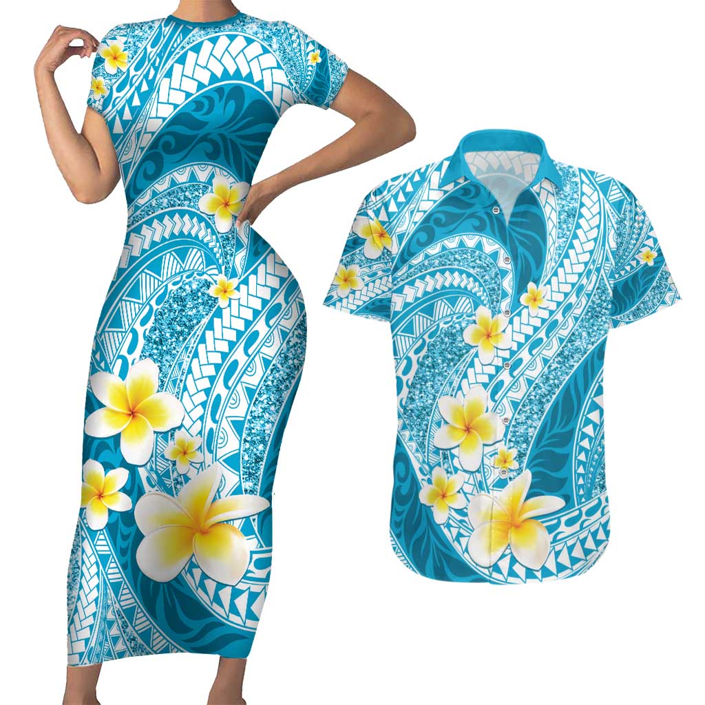 Plumeria Polynesian Sky Blue Glitter Pattern Couples Matching Short Sleeve Bodycon Dress and Hawaiian Shirt LT01 Sky Blue - Polynesian Pride