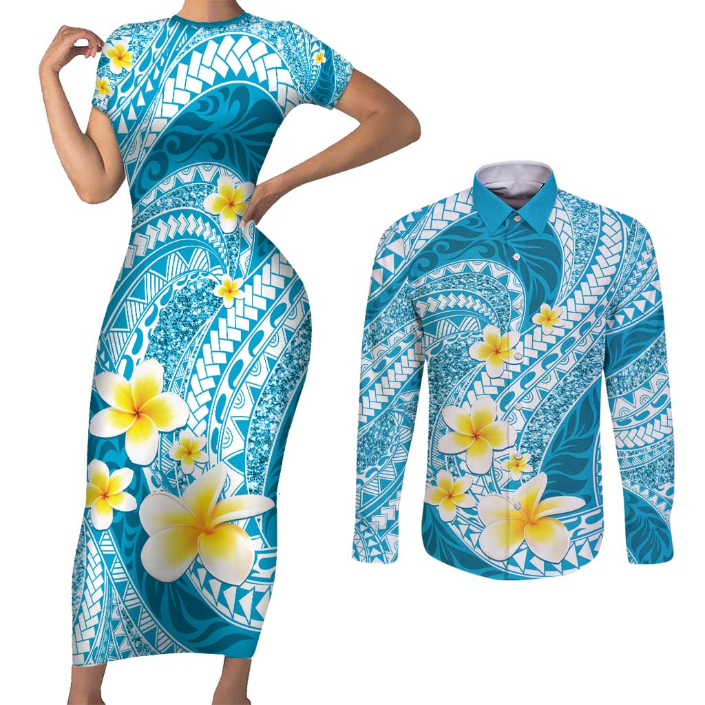 Plumeria Polynesian Sky Blue Glitter Pattern Couples Matching Short Sleeve Bodycon Dress and Long Sleeve Button Shirt LT01 Sky Blue - Polynesian Pride