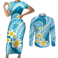 Plumeria Polynesian Sky Blue Glitter Pattern Couples Matching Short Sleeve Bodycon Dress and Long Sleeve Button Shirt LT01 Sky Blue - Polynesian Pride
