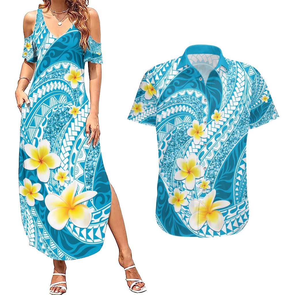 Plumeria Polynesian Sky Blue Glitter Pattern Couples Matching Summer Maxi Dress and Hawaiian Shirt LT01 Sky Blue - Polynesian Pride