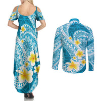Plumeria Polynesian Sky Blue Glitter Pattern Couples Matching Summer Maxi Dress and Long Sleeve Button Shirt LT01 - Polynesian Pride
