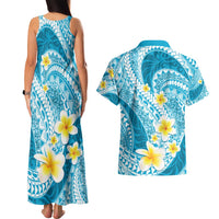 Plumeria Polynesian Sky Blue Glitter Pattern Couples Matching Tank Maxi Dress and Hawaiian Shirt LT01 - Polynesian Pride