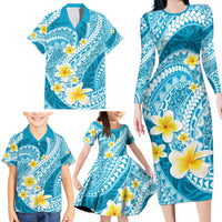 Plumeria Polynesian Sky Blue Glitter Pattern Family Matching Long Sleeve Bodycon Dress and Hawaiian Shirt LT01 - Polynesian Pride