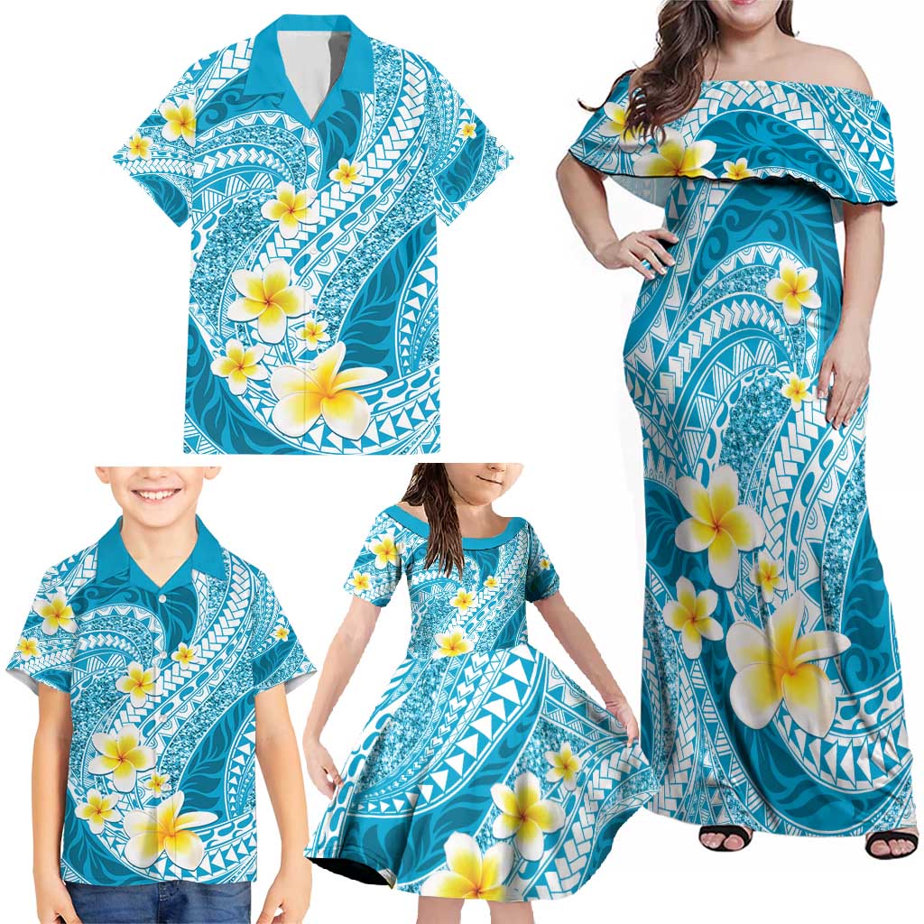 Plumeria Polynesian Sky Blue Glitter Pattern Family Matching Off Shoulder Maxi Dress and Hawaiian Shirt LT01 - Polynesian Pride
