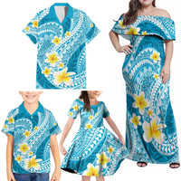 Plumeria Polynesian Sky Blue Glitter Pattern Family Matching Off Shoulder Maxi Dress and Hawaiian Shirt LT01 - Polynesian Pride