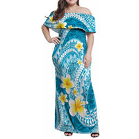 Plumeria Polynesian Sky Blue Glitter Pattern Family Matching Off Shoulder Maxi Dress and Hawaiian Shirt LT01 Mom's Dress Sky Blue - Polynesian Pride