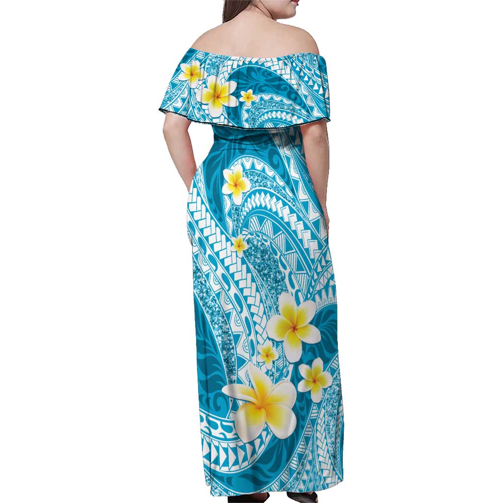 Plumeria Polynesian Sky Blue Glitter Pattern Family Matching Off Shoulder Maxi Dress and Hawaiian Shirt LT01 - Polynesian Pride