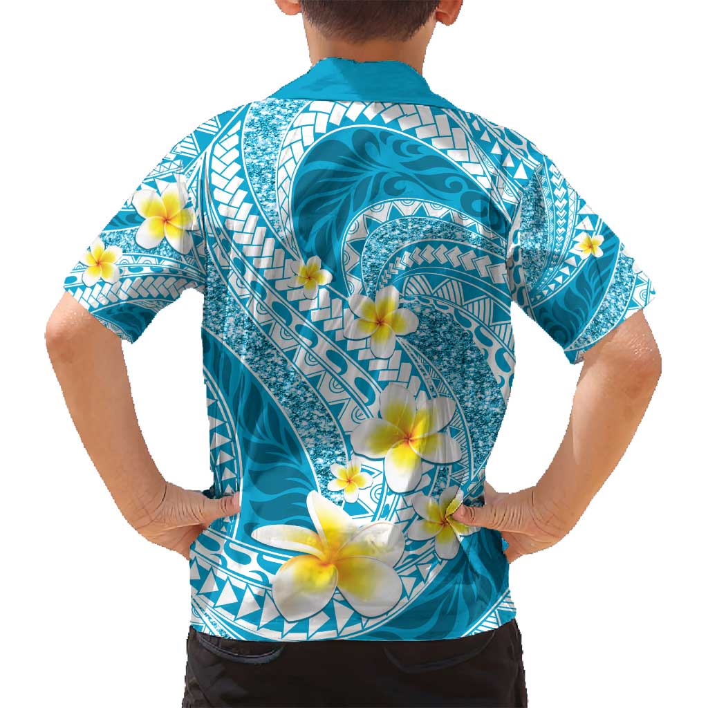 Plumeria Polynesian Sky Blue Glitter Pattern Family Matching Off Shoulder Short Dress and Hawaiian Shirt