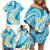 Plumeria Polynesian Sky Blue Glitter Pattern Family Matching Off Shoulder Short Dress and Hawaiian Shirt