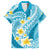 Plumeria Polynesian Sky Blue Glitter Pattern Family Matching Off Shoulder Short Dress and Hawaiian Shirt