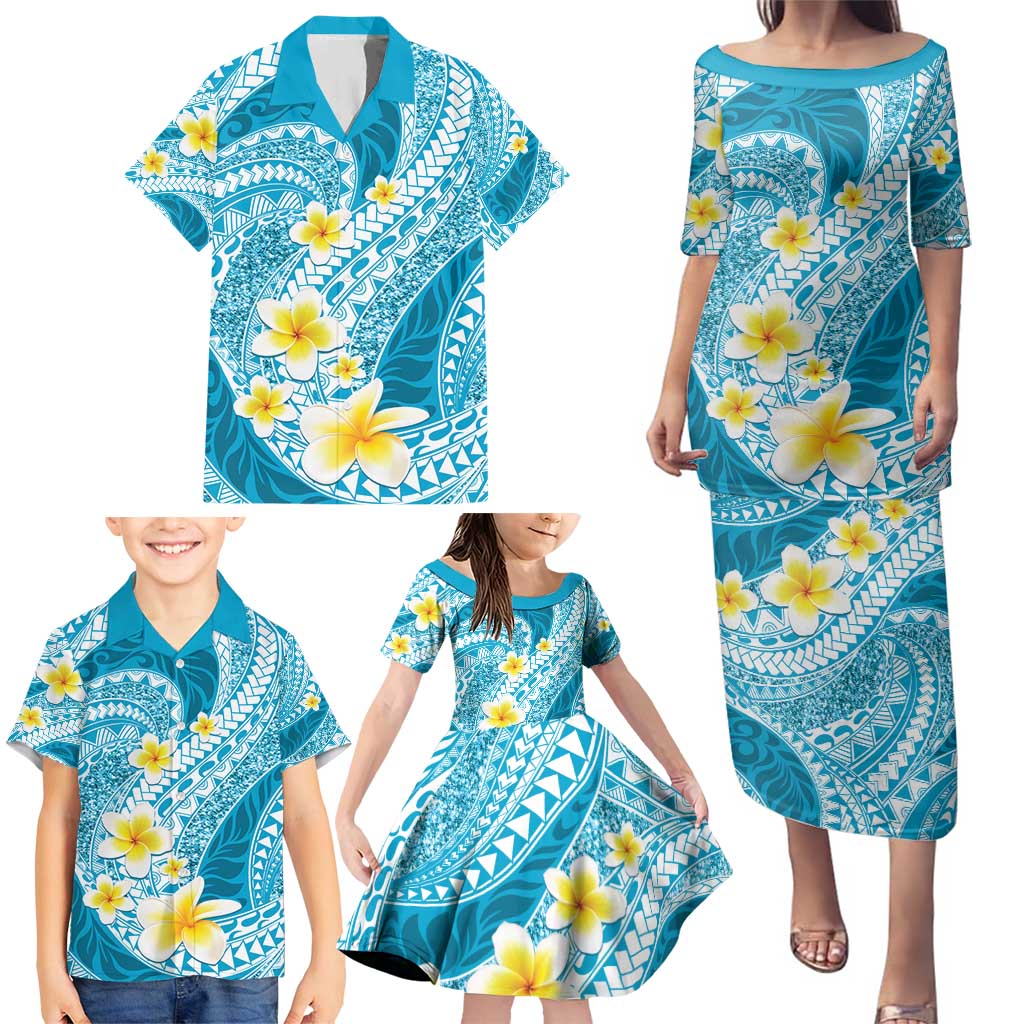 Plumeria Polynesian Sky Blue Glitter Pattern Family Matching Puletasi and Hawaiian Shirt LT01 - Polynesian Pride
