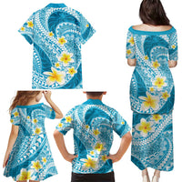 Plumeria Polynesian Sky Blue Glitter Pattern Family Matching Puletasi and Hawaiian Shirt LT01 - Polynesian Pride