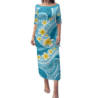 Plumeria Polynesian Sky Blue Glitter Pattern Family Matching Puletasi and Hawaiian Shirt LT01 Mom's Dress Sky Blue - Polynesian Pride