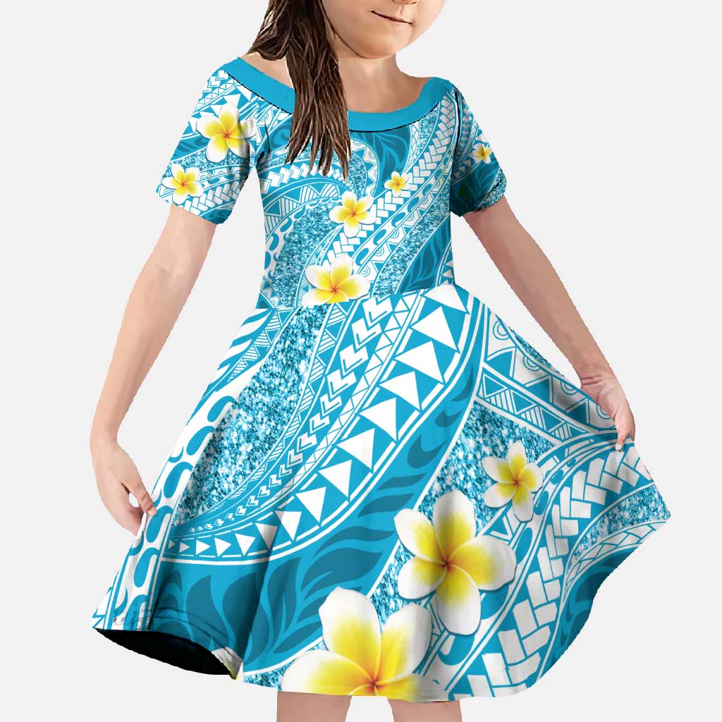 Plumeria Polynesian Sky Blue Glitter Pattern Family Matching Summer Maxi Dress and Hawaiian Shirt LT01 Daughter's Dress Sky Blue - Polynesian Pride