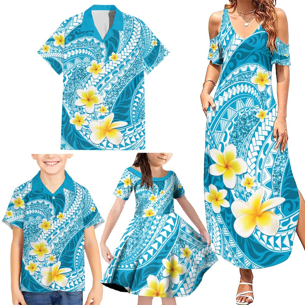Plumeria Polynesian Sky Blue Glitter Pattern Family Matching Summer Maxi Dress and Hawaiian Shirt LT01 - Polynesian Pride