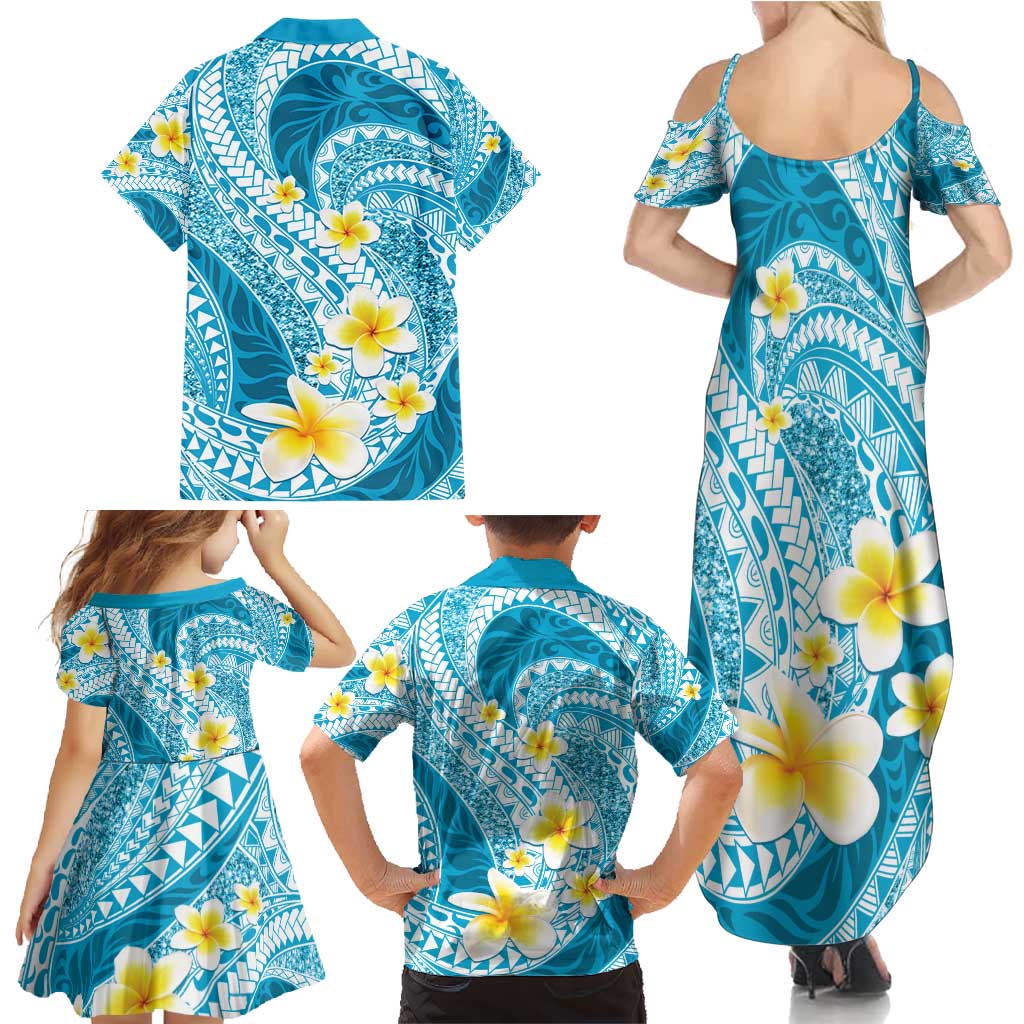 Plumeria Polynesian Sky Blue Glitter Pattern Family Matching Summer Maxi Dress and Hawaiian Shirt LT01 - Polynesian Pride