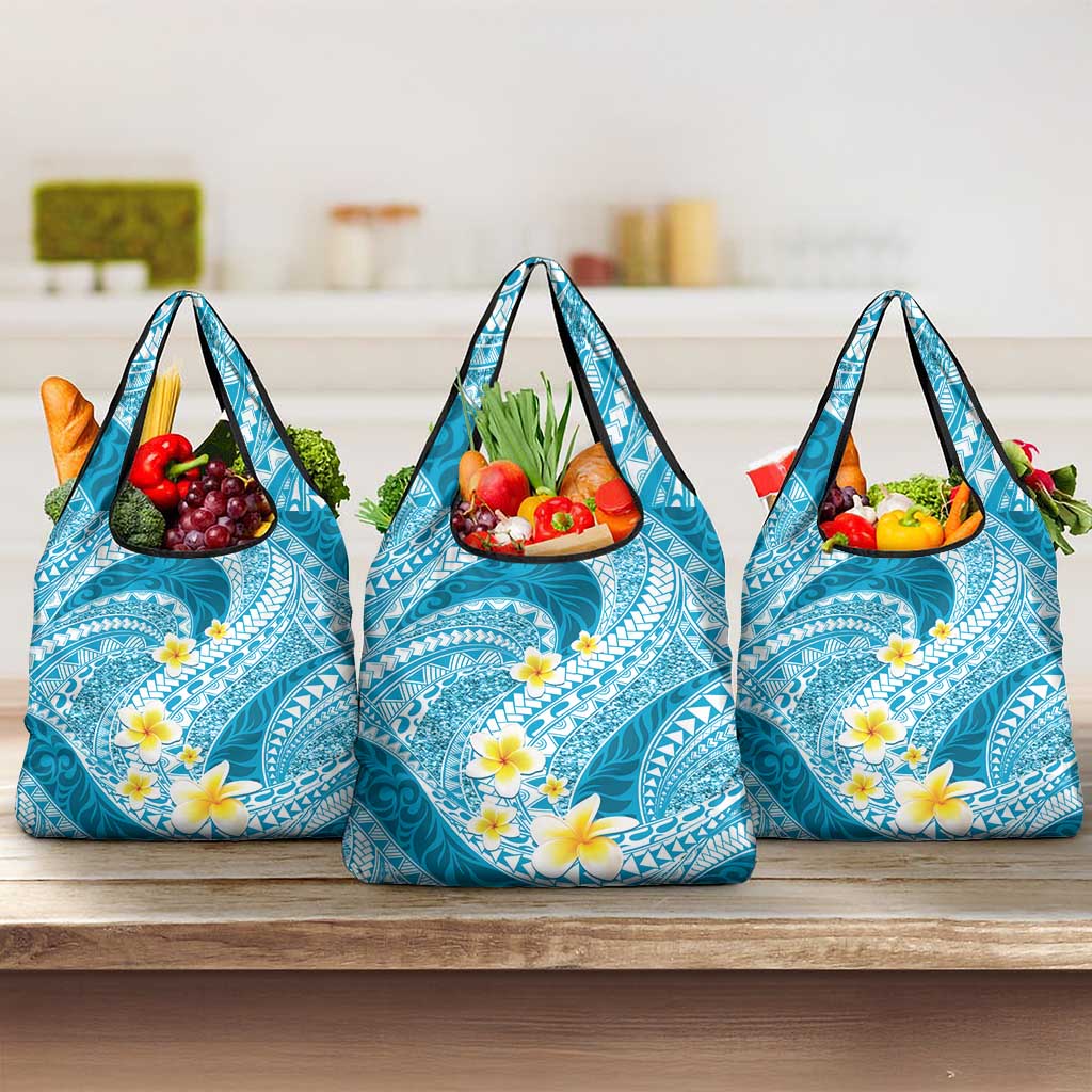 Plumeria Polynesian Sky Blue Glitter Pattern Grocery Bag LT01 3-pack One Size Sky Blue - Polynesian Pride