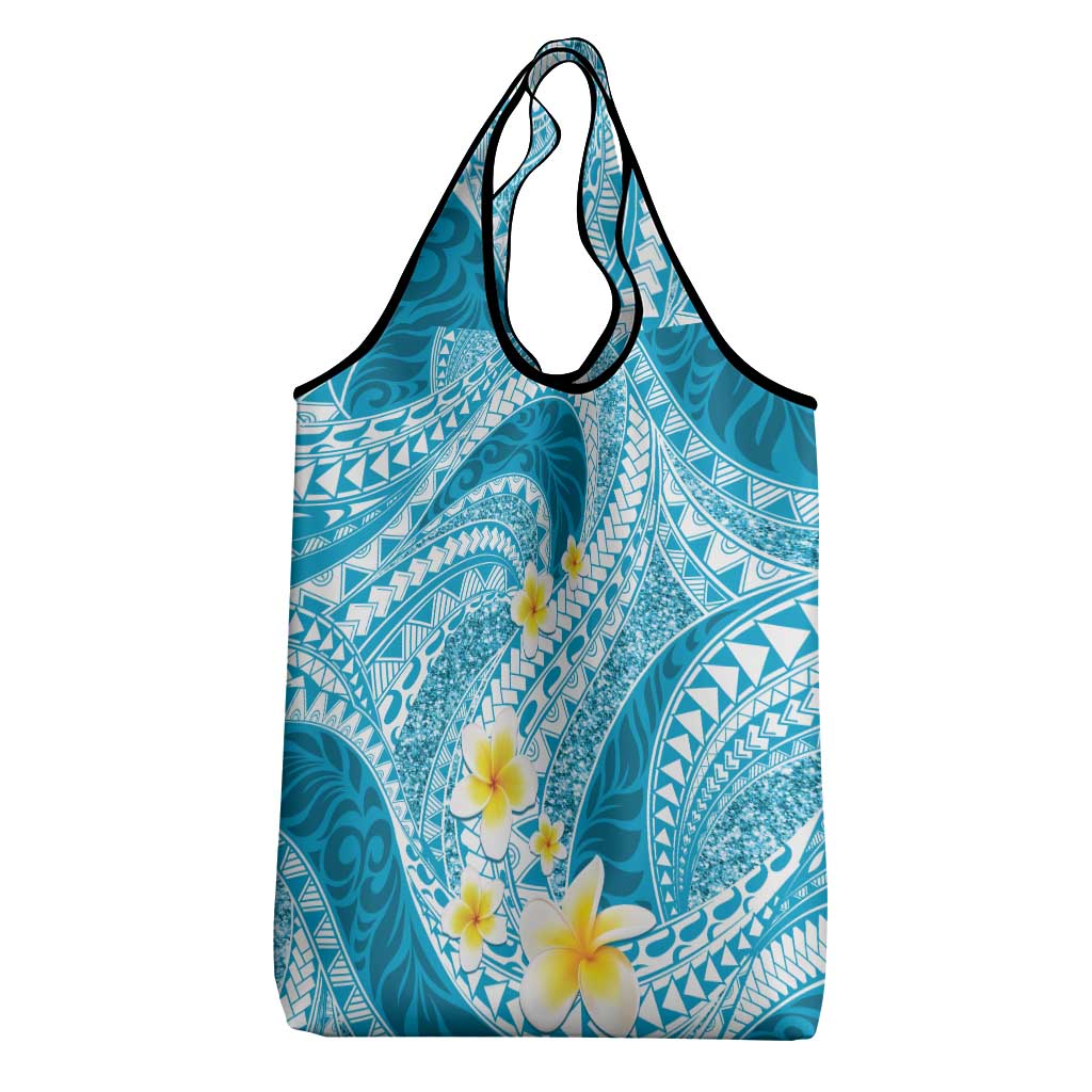 Plumeria Polynesian Sky Blue Glitter Pattern Grocery Bag LT01 - Polynesian Pride