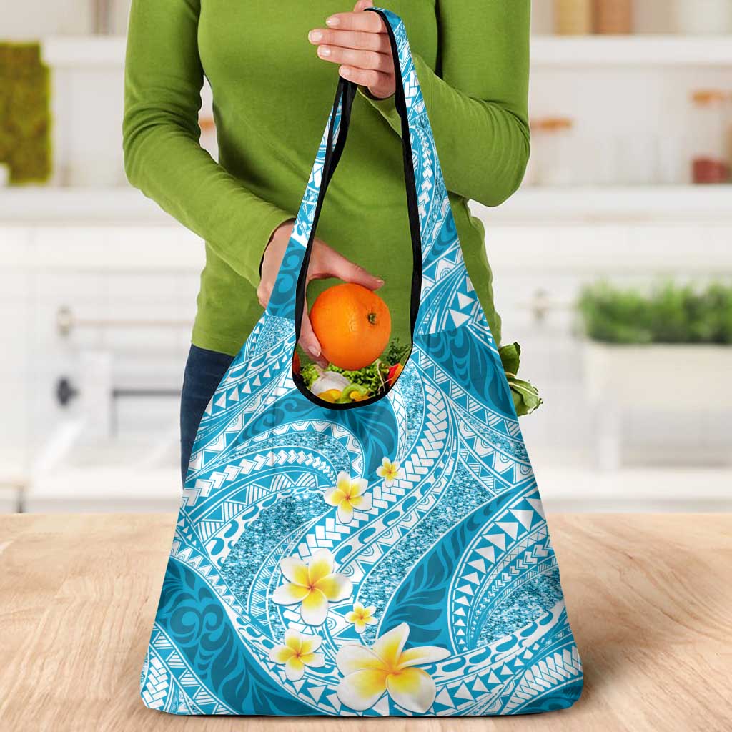 Plumeria Polynesian Sky Blue Glitter Pattern Grocery Bag LT01 - Polynesian Pride