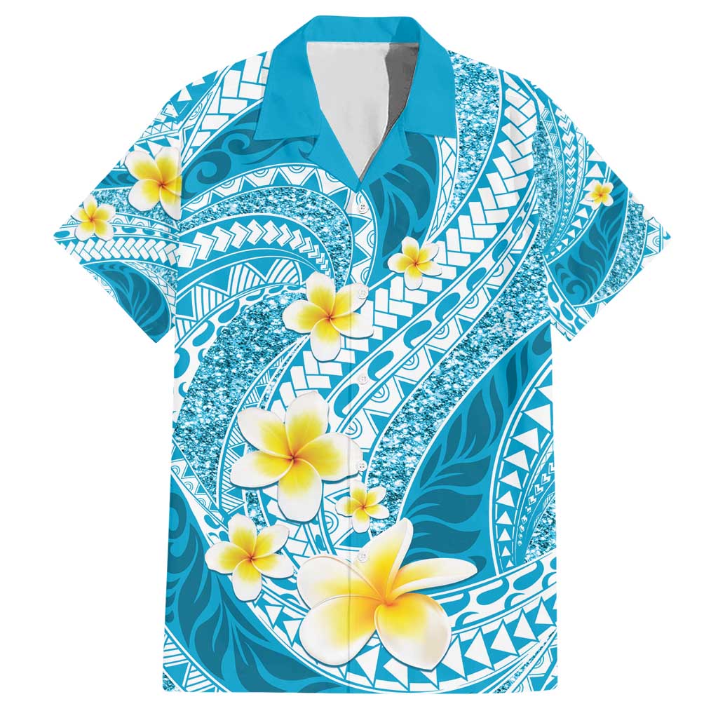 Plumeria Polynesian Sky Blue Glitter Pattern Hawaiian Shirt