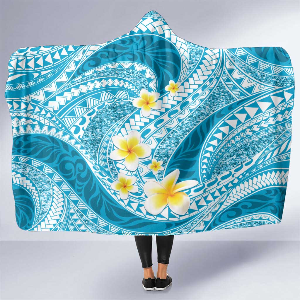 Plumeria Polynesian Sky Blue Glitter Pattern Hooded Blanket