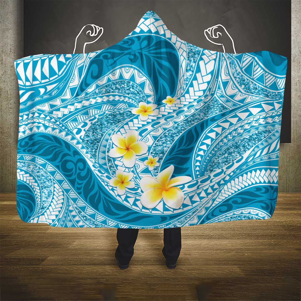 Plumeria Polynesian Sky Blue Glitter Pattern Hooded Blanket LT01 - Polynesian Pride