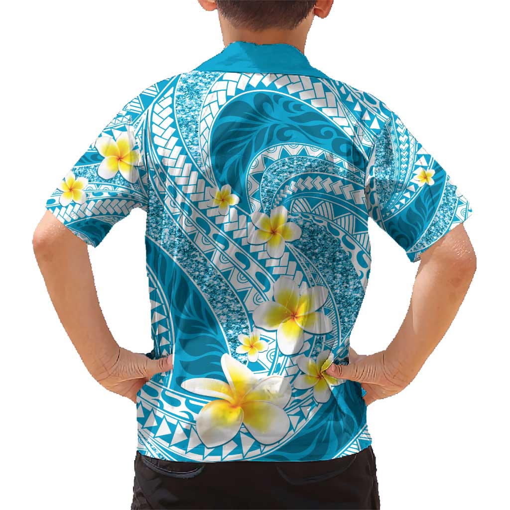 Plumeria Polynesian Sky Blue Glitter Pattern Kid Hawaiian Shirt