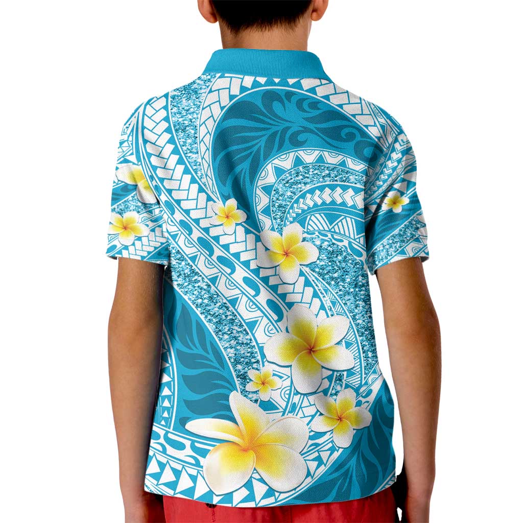 Plumeria Polynesian Sky Blue Glitter Pattern Kid Polo Shirt