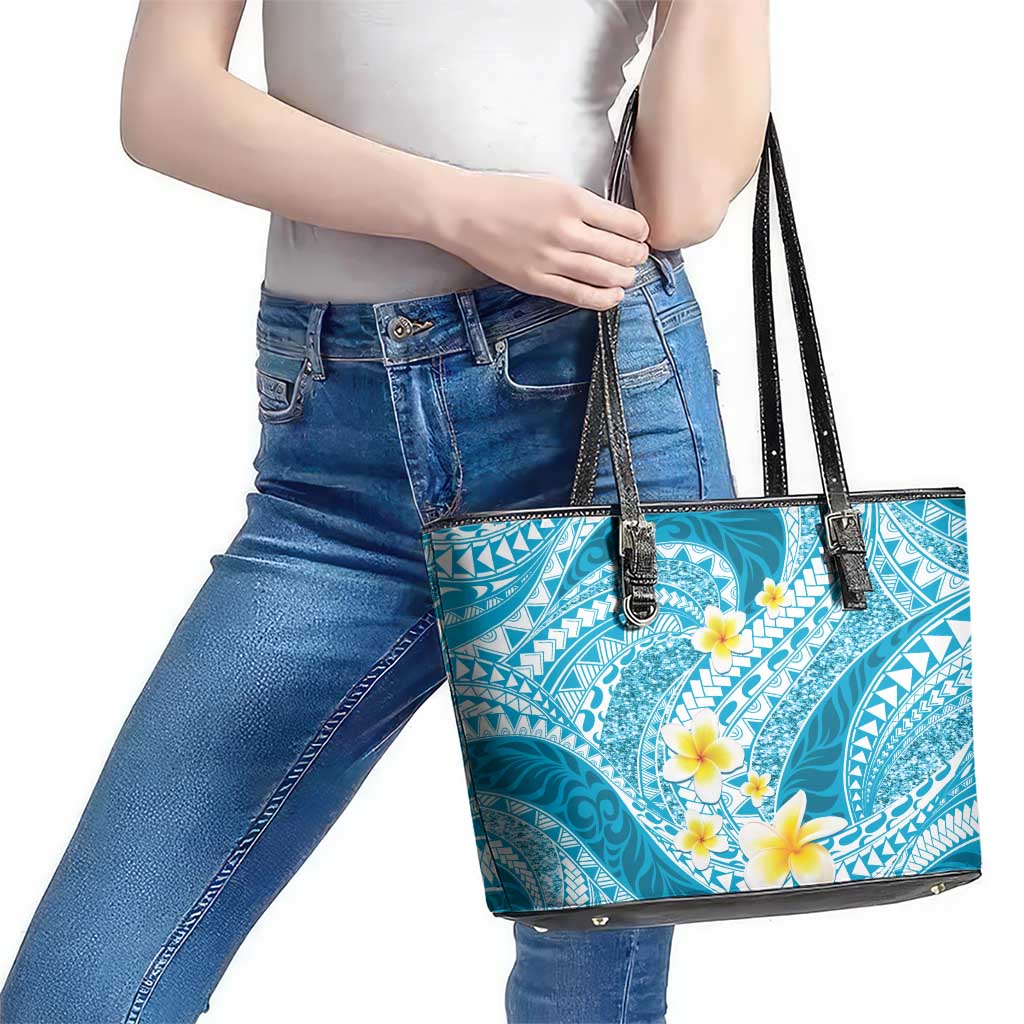 Plumeria Polynesian Sky Blue Glitter Pattern Leather Tote Bag