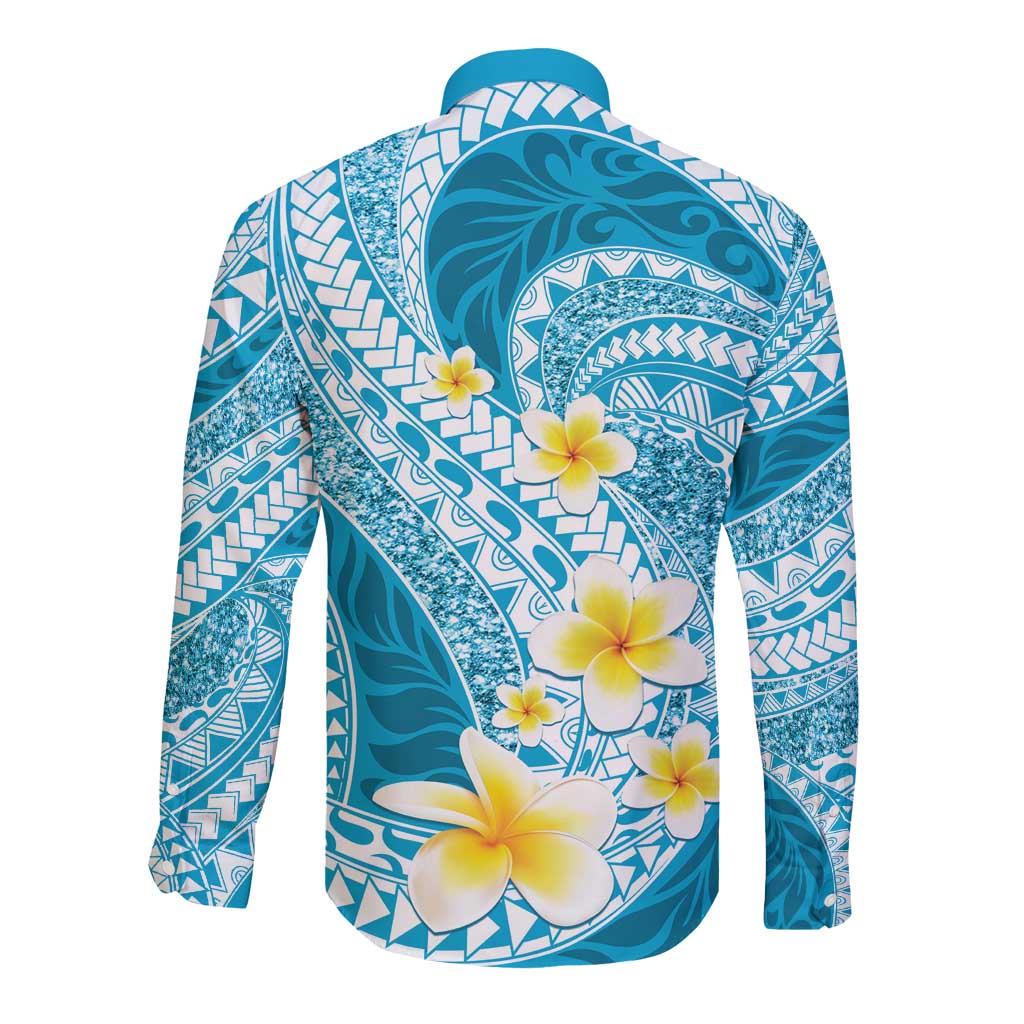 Plumeria Polynesian Sky Blue Glitter Pattern Long Sleeve Button Shirt LT01 - Polynesian Pride