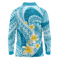Plumeria Polynesian Sky Blue Glitter Pattern Long Sleeve Polo Shirt