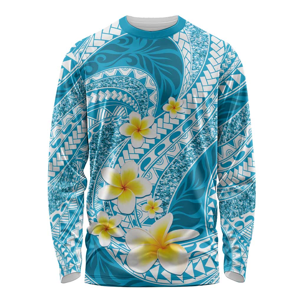 Plumeria Polynesian Sky Blue Glitter Pattern Long Sleeve Shirt LT01 Unisex Sky Blue - Polynesian Pride