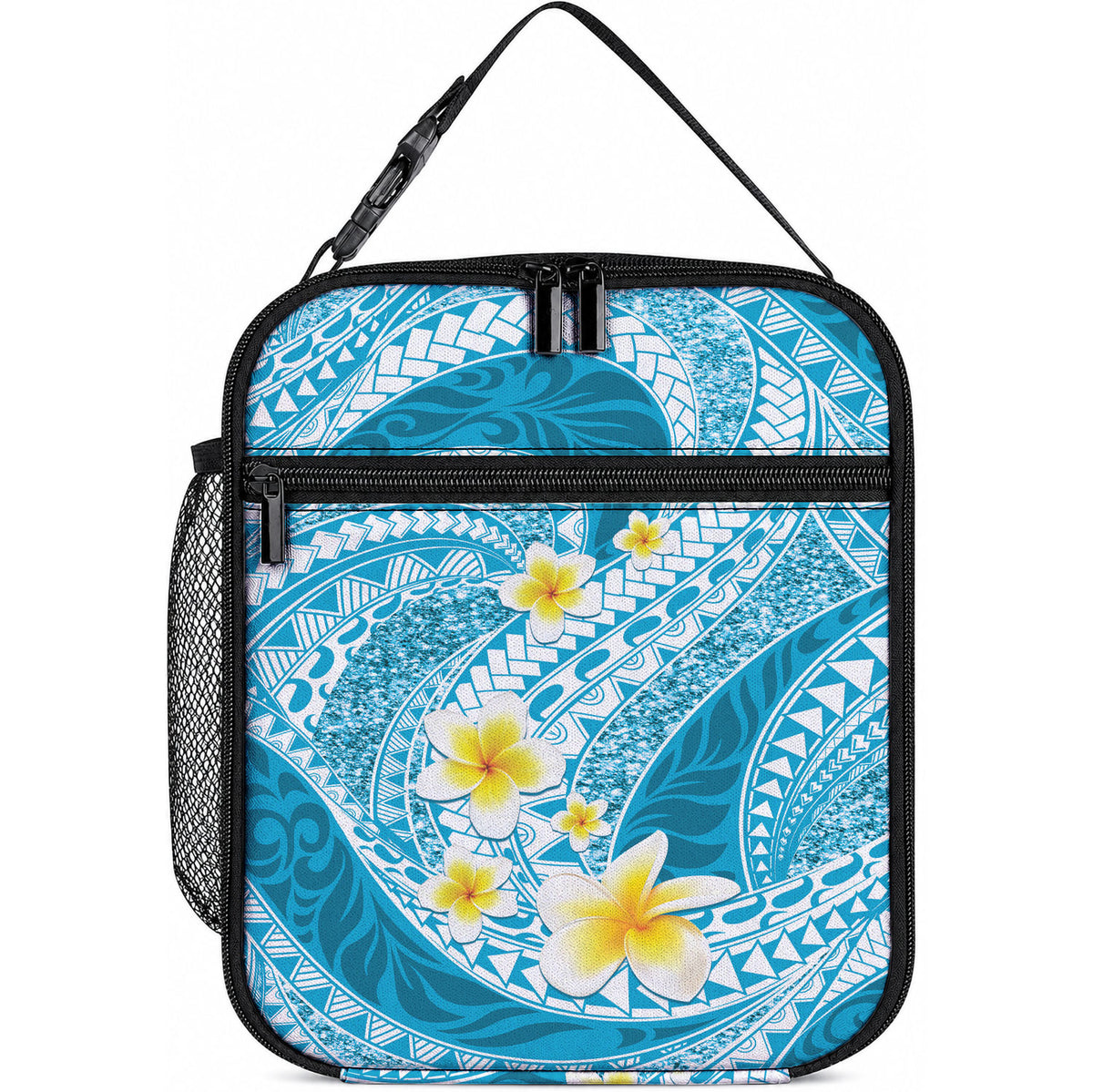 Plumeria Polynesian Sky Blue Glitter Pattern Lunch Bag LT01 10.2 × 8.3 × 4.3 inch Sky Blue - Polynesian Pride