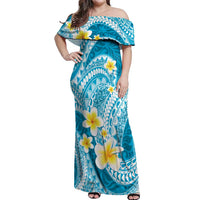 Plumeria Polynesian Sky Blue Glitter Pattern Off Shoulder Maxi Dress LT01 Women Sky Blue - Polynesian Pride