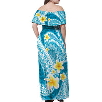 Plumeria Polynesian Sky Blue Glitter Pattern Off Shoulder Maxi Dress LT01 - Polynesian Pride
