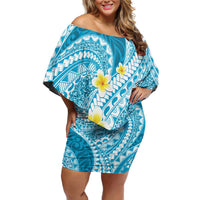 Plumeria Polynesian Sky Blue Glitter Pattern Off Shoulder Short Dress LT01 Women Sky Blue - Polynesian Pride