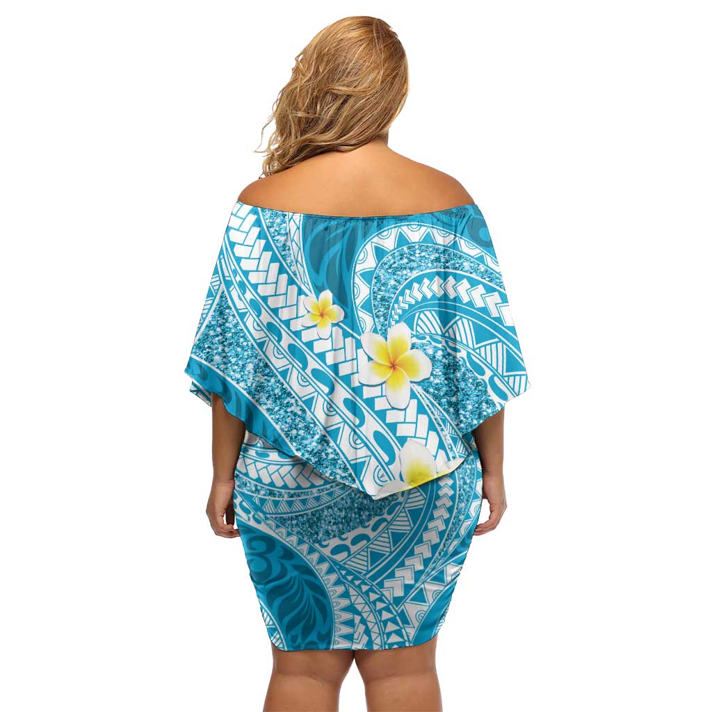 Plumeria Polynesian Sky Blue Glitter Pattern Off Shoulder Short Dress LT01 - Polynesian Pride