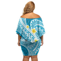 Plumeria Polynesian Sky Blue Glitter Pattern Off Shoulder Short Dress LT01 - Polynesian Pride