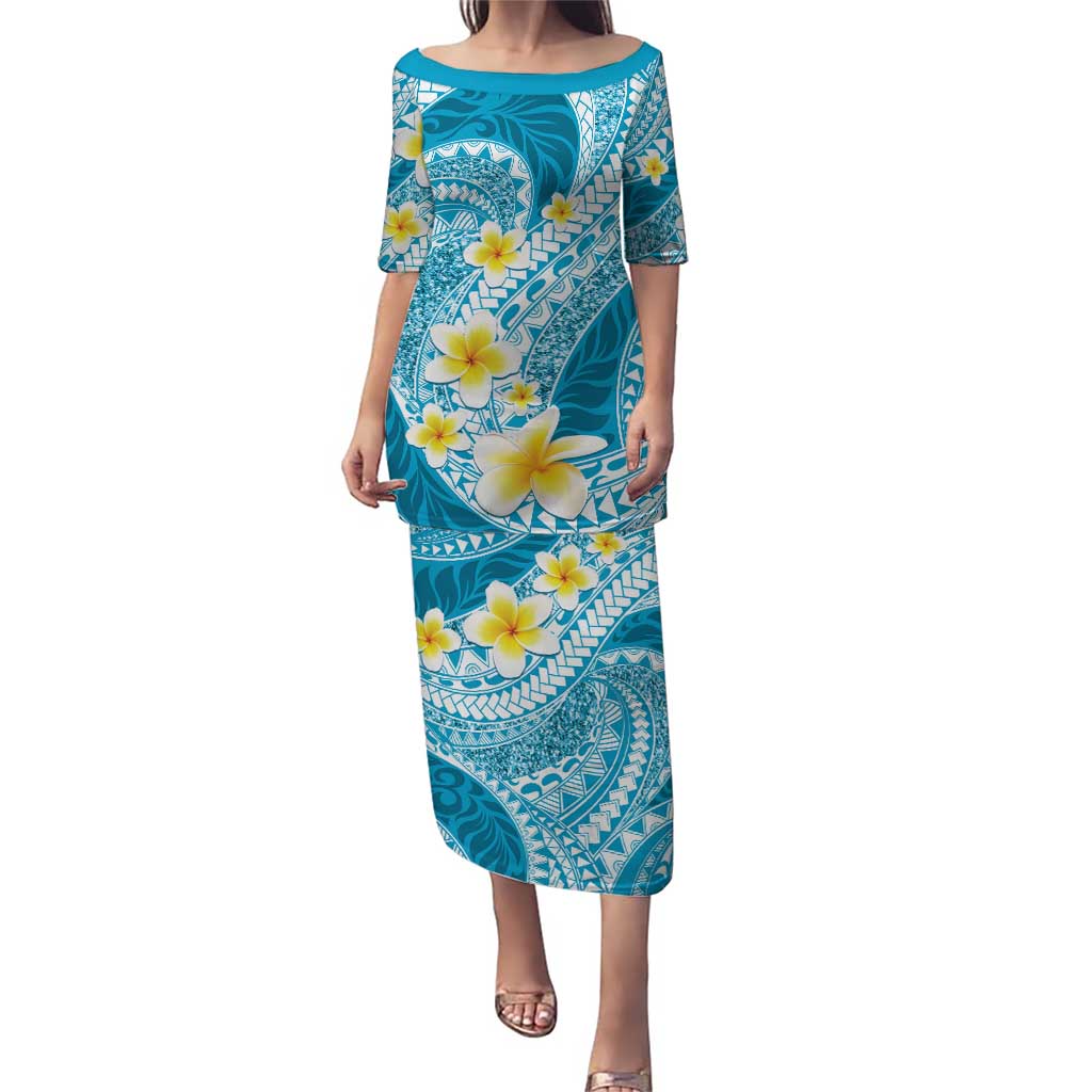 Plumeria Polynesian Sky Blue Glitter Pattern Puletasi LT01 Long Dress Sky Blue - Polynesian Pride