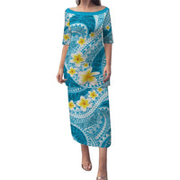 Plumeria Polynesian Sky Blue Glitter Pattern Puletasi LT01 Long Dress Sky Blue - Polynesian Pride