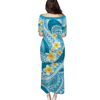 Plumeria Polynesian Sky Blue Glitter Pattern Puletasi LT01 - Polynesian Pride