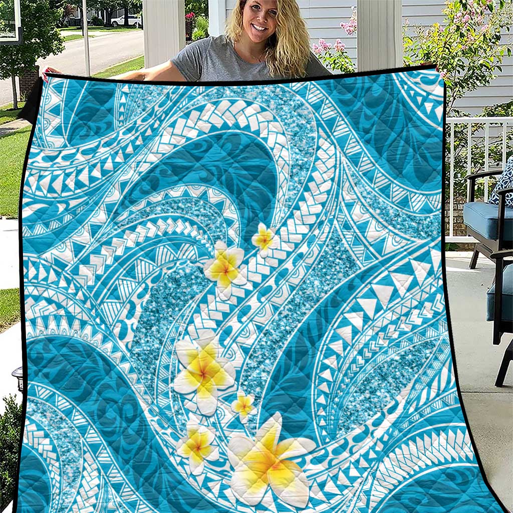 Plumeria Polynesian Sky Blue Glitter Pattern Quilt