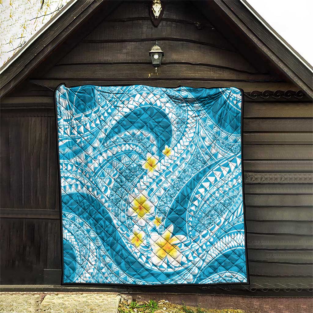 Plumeria Polynesian Sky Blue Glitter Pattern Quilt