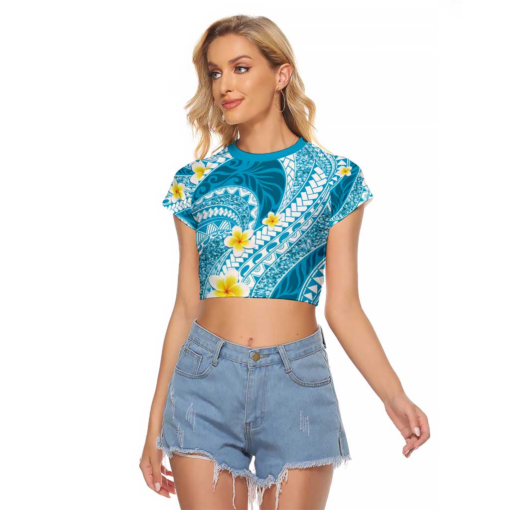 Plumeria Polynesian Sky Blue Glitter Pattern Raglan Cropped T Shirt LT01 Female Sky Blue - Polynesian Pride