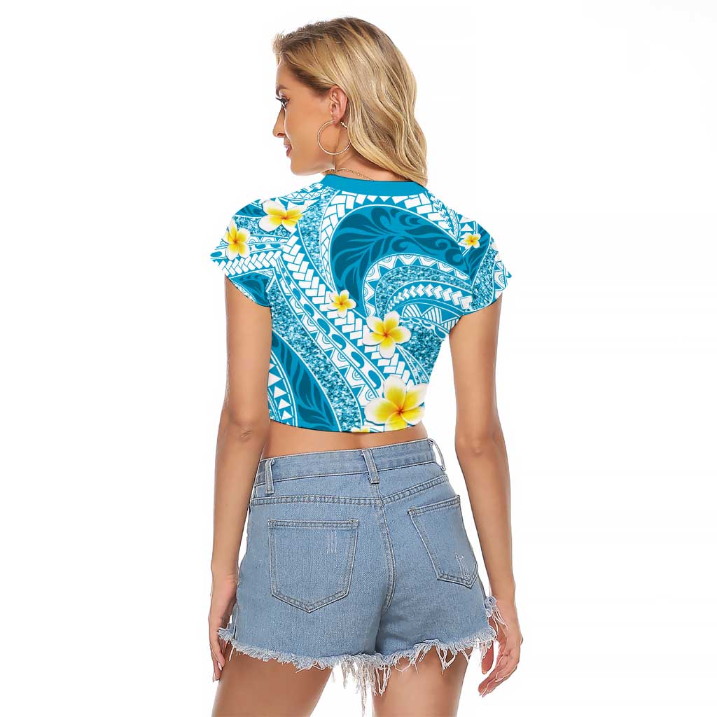 Plumeria Polynesian Sky Blue Glitter Pattern Raglan Cropped T Shirt LT01 - Polynesian Pride
