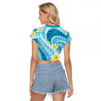 Plumeria Polynesian Sky Blue Glitter Pattern Raglan Cropped T Shirt LT01 - Polynesian Pride